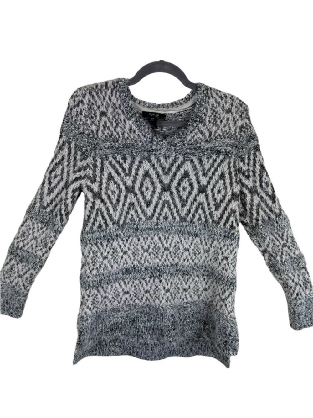 Style & Co.‎ Gray Fair Isle Long Sleeve Plush Fuzzy Pullover Sweater Size PM